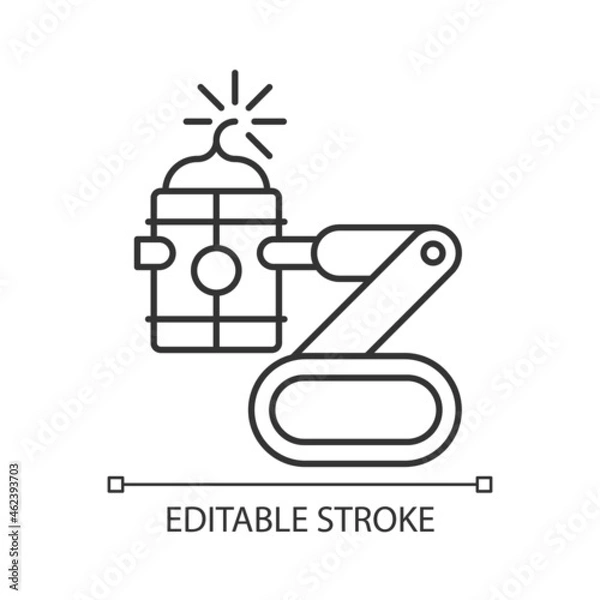 Fototapeta Bomb defusing robots linear icon. Control from safe distance. Explosive ordnance remote disposal. Thin line customizable illustration. Contour symbol. Vector isolated outline drawing. Editable stroke