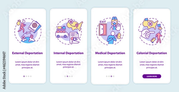 Obraz Deportation types onboarding mobile app page screen. Immigration problems walkthrough 4 steps graphic instructions with concepts. UI, UX, GUI vector template with linear color illustrations