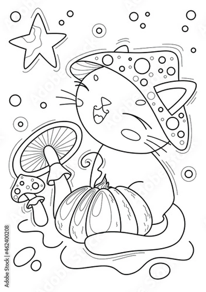 Obraz Coloring page with cat and mushroom, hand-drawn vector illustration.