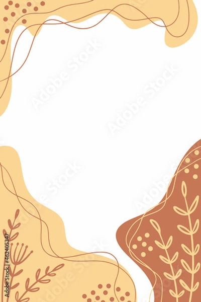 Fototapeta background with abstract hand drawn botanical elements and stains dots stripes waves. Trendy covers template in vertical format