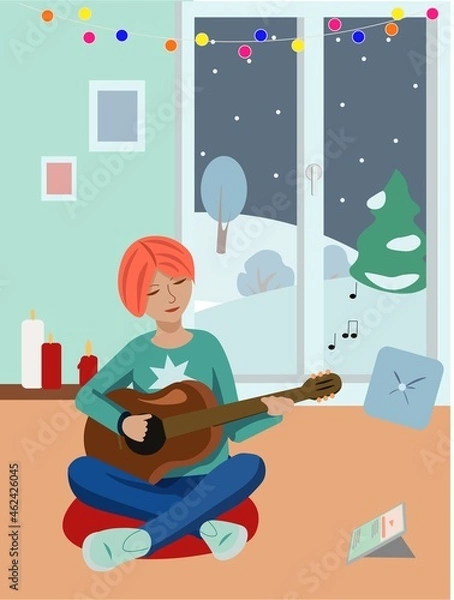 Obraz Vector girl studing guitar at home