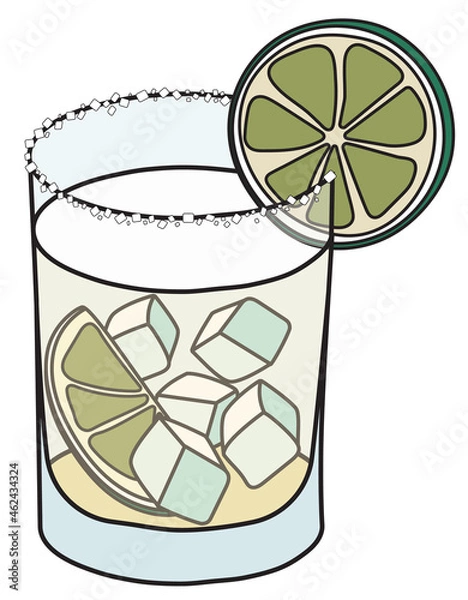 Fototapeta Tommys Margarita classic New Era cocktail in a tumbler glass. Tequila based drink served on the rocks and garnished with slice of lime and salt rim. Stylish doodle cartoon style vector illustration.