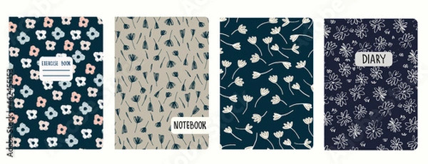 Fototapeta Set of cover page templates based on seamless patterns with viola and other flowers in Ditzy style, dark colors. Backgrounds for notebooks, notepads, diaries. Headers isolated and replaceable