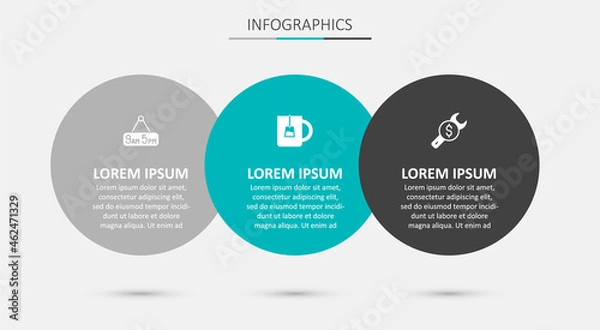 Fototapeta Set Cup of tea, From 9 to 5 job and Repair price. Business infographic template. Vector