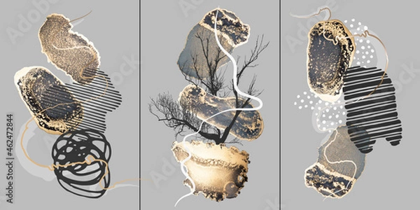 Fototapeta Abstract art background with glowing gold alcohol ink elements and geometric forms. Set of three art poster design.