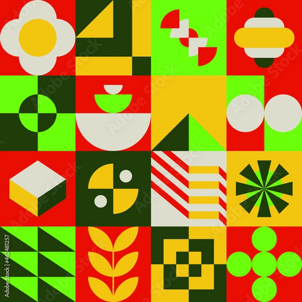 Fototapeta simple funky colorful geometric pattern design. fun seamless illustration for backgrounds and wallpaper. flat shapes composition pattern.