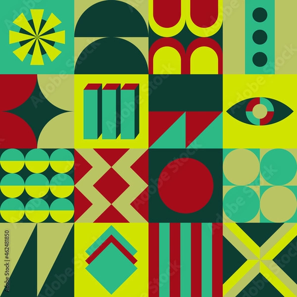 Fototapeta Vintage neo geometric pattern background design - urban style bauhaus cover poster illustration for packaging, wrapping paper, fabric, wallpaper, web banner, decoration, and more.