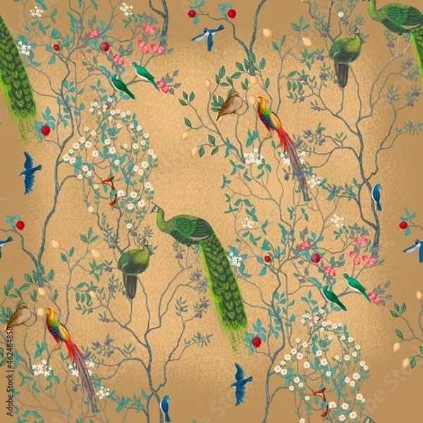 Obraz Chinoiserie Vintage floral illustration for wallpaper, fabric, poster, print. Mural. Bloom. Seamless background with exotic birds and flowers