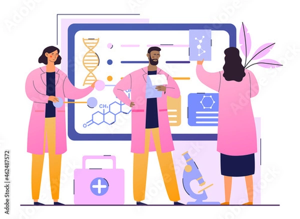 Fototapeta Medical research in laboratory. Biochemical science lab staff performing various experiments. Scientific group on screen, human body. Cartoon flat vector illustration isolated on white background