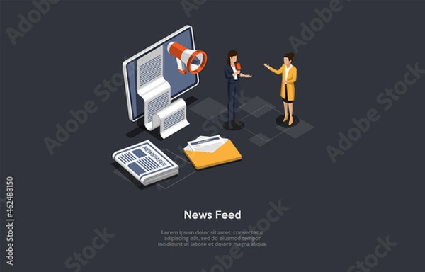Fototapeta Vector Illustration. Cartoon 3D Style. Isometric composition. Conceptual Design. News Feed. Two Characters. People Talking. Computer Screen With Paper On Screen, Loudspeaker, Newspapers Lying Around.