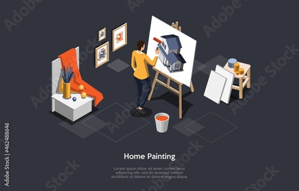 Fototapeta Home Painting Concept Vector Illustration On Dark Background With Text. Isometric Composition In Cartoon 3D Style. Process Of House Repairing, Color Picking. Designer Choosing Dye For New Building.