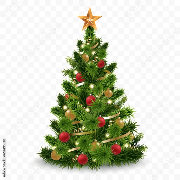 Fototapeta Vector christmas tree isolated on transparent background. Beautiful shining christmas tree with decorations - balls, garlands, bulbs, tinsel and a golden star at the top. Realistic style. Eps 10