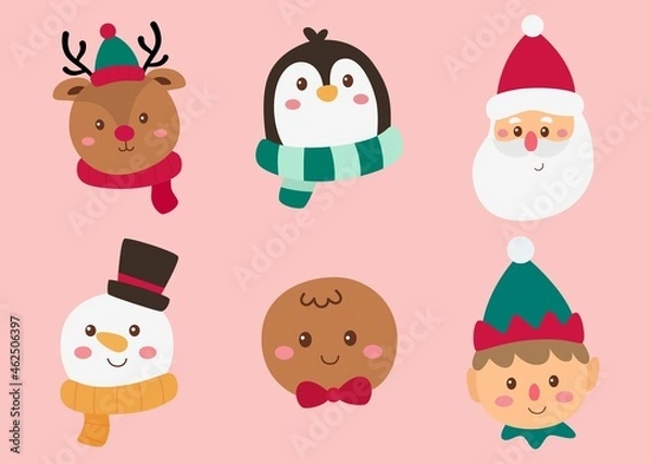 Fototapeta christmas characters faces set isolated on pink background. vector Illustration.