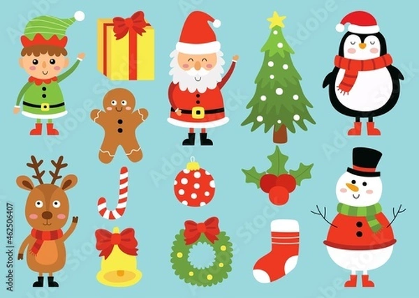 Fototapeta Christmas characters cartoon animals set isolated on blue background. vector Illustration.