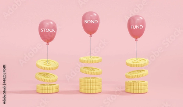 Fototapeta 3D Rendering of floating balloos with word bond stock fund taking money coin up on background concept of money portfolio diversification, investment, investment decision. 3D Render. 3D illustration.