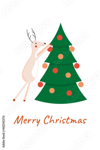 Fototapeta Greeting card Merry Christmas. Cute funny reindeer