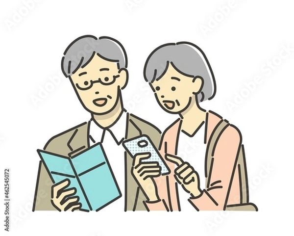 Fototapeta 旅行先でスマホやパンフレットを見るシニア夫婦(カップル）のベクターイラスト素材／観光／アプリ