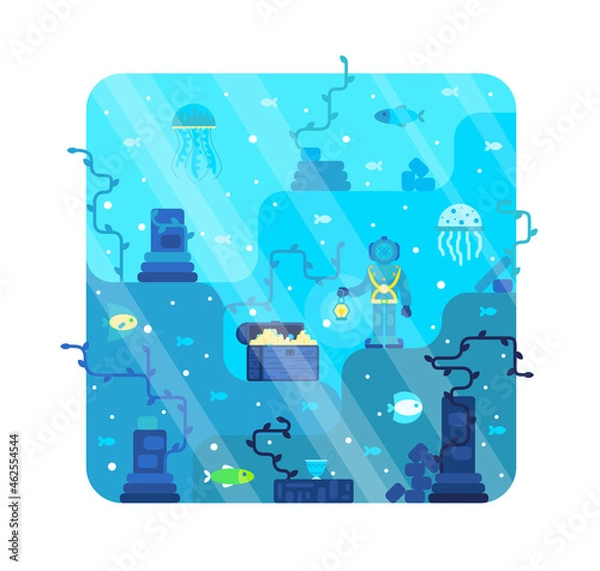 Fototapeta Diver stands next to a chest full of treasure - vector illustration in flat stile