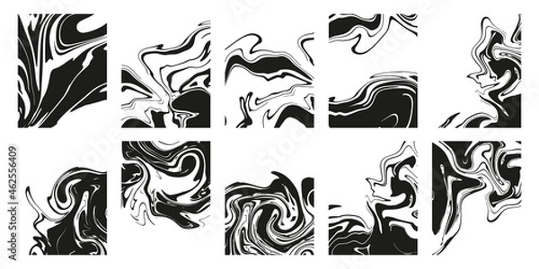 Fototapeta Set of abstract black marble or epoxy textures on a white background. Prints with Graphic Stylish Liquid Ink Stains. Trendy backgrounds for cover designs, invitations, case, wrapping paper.