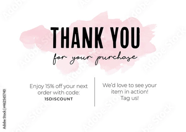 Fototapeta Thank you for your purchase business card, creative vector illustration. Calligraphy handwritten letters, soft pink colors, abstract watercolor mark. Template for thank you note, design elements.