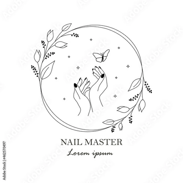 Fototapeta Hand logo in a minimal linear style.Elegant floral frame with hand and butterfly on white background. Vector emblem perfect for logotype design or labels of nail masters,beauty salon,cosmetics