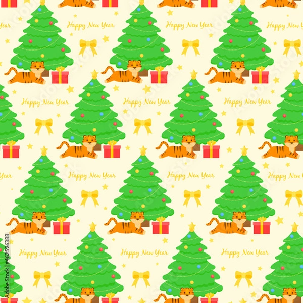 Fototapeta This is a seamless pattern with a Christmas tree, lion on a light background. Wrapping paper.