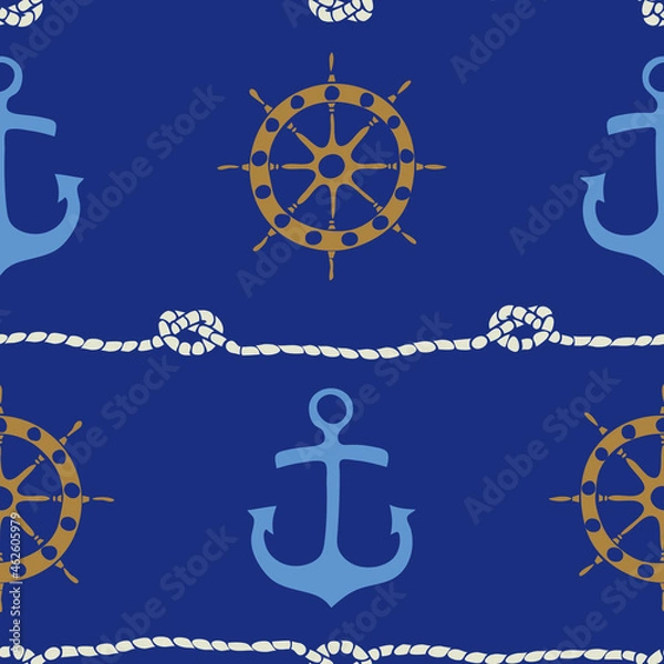Fototapeta Seamless vector pattern with anchor and ship wheel on blue background. Simple nautical wallpaper design. Decorative marine life style fashion textile.