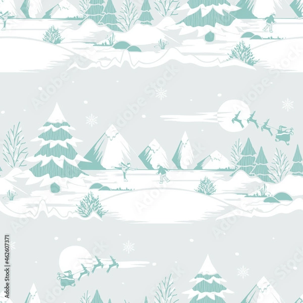 Fototapeta Seamless vector pattern with winter landscape on beige background. Simple Christmas wallpaper design. Decorative ice skating fashion textile.