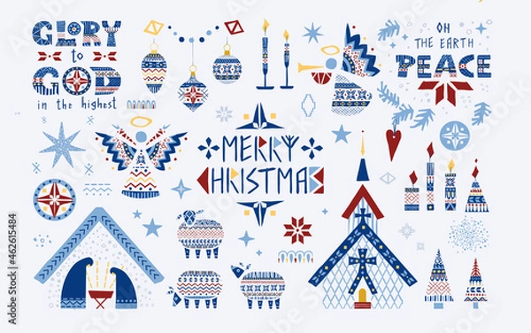 Obraz Christmas vector illustration set in scandinavian folk style.Good for greeting cards, interior or textile prints in hygge style and as separated elements for festive grafic designs.
