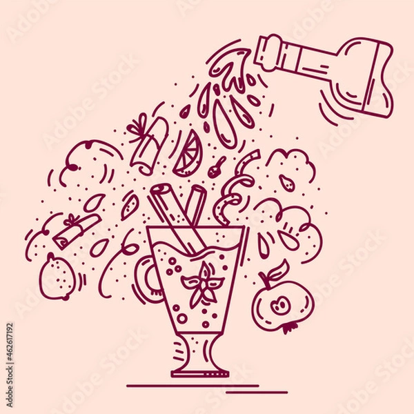 Fototapeta A poster with warming Mulled wine. Illustration linear recipe wine with spices. Doodle background for a menu with a cup for a hot drink. Vector illustration