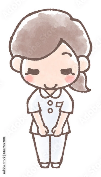 Fototapeta 若い女性看護師のおじぎイラスト水彩風
