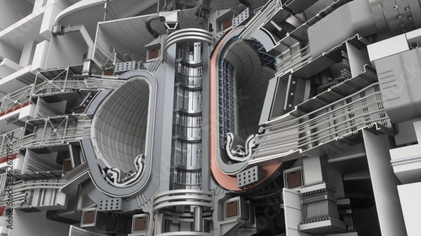 Fototapeta ITER Fusion Reactor. Tokamak. Thermonuclear Experimental power plant. Industrial zone with power station atomic energy production. 3D Render