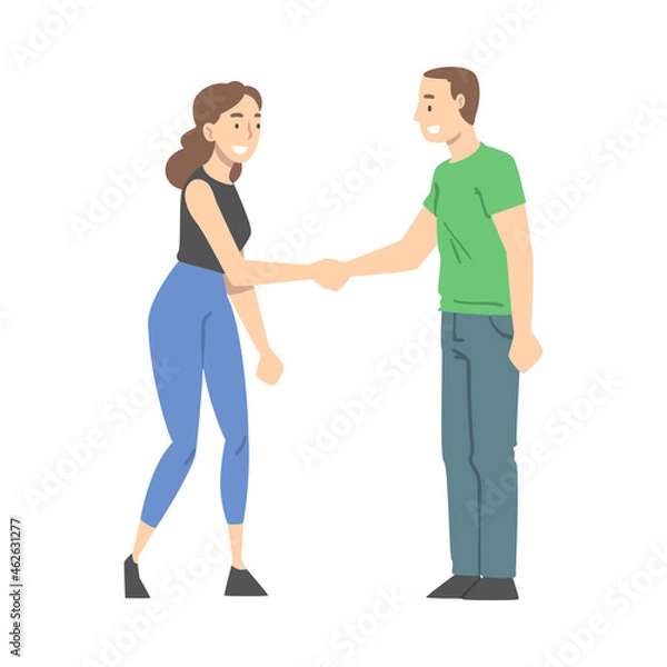 Fototapeta Man and Woman Character Shaking Hand as Brief Greeting or Parting Tradition Vector Illustration