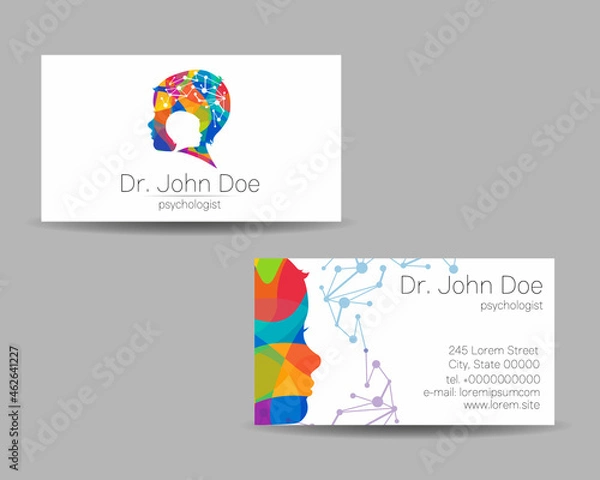 Fototapeta Vector Colorful Business Card Kid Head Modern logo Creative style. Human Child Profile Silhouette Design concept for Company Brand. Rainbow color isolated on gray background