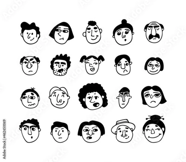 Fototapeta Round abstract comic vector faces with various emotions. Different black outline characters isolated on white background. Hand drawn trendy illustration cartoon style.