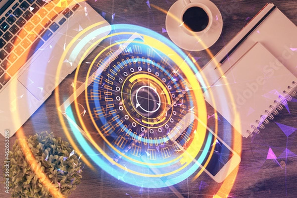 Fototapeta Multi exposure of technology theme drawing over table with phone. Top view. Concept of hightech.