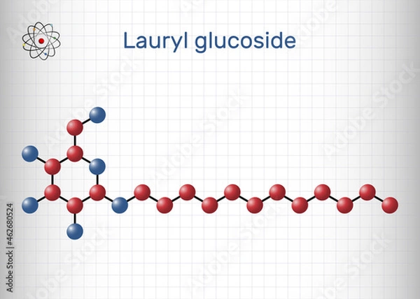 Fototapeta Lauryl glucoside, dodecyl glucoside molecule. It is non-ionic surfactant used in cosmetics and laundry detergents. Sheet of paper in a cage
