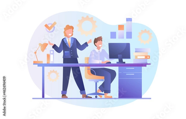 Fototapeta Businesswoman checks subordinate. Workflow, large company, successful project. Business, document, employee. Colleagues, office. Cartoon flat vector illustration isolated on white background