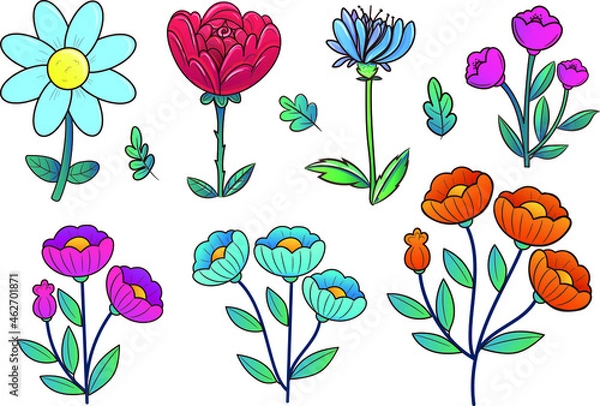Obraz Vector collection of illustrations with wild flowers and plants. Set of  flowers and leaves in a cartoon style. 