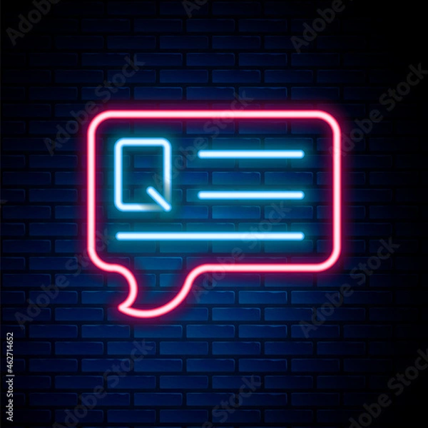 Fototapeta Glowing neon line Speech bubbles with Question icon isolated on brick wall background. FAQ sign. Chat speech bubble and chart. Colorful outline concept. Vector