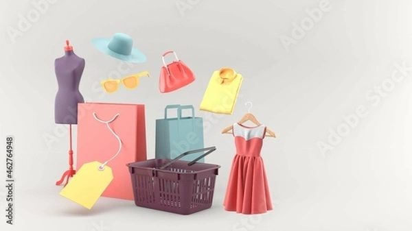 Fototapeta The shopping basket is surrounded by shopping bags and clothes on a gray background. - 3d rendering..