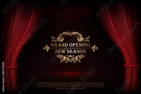 Fototapeta Vector Premium red curtains in theater or opera. Dark red curtain scene gracefully with simple text. Elegance vector backdrop for poster. Classic podium
