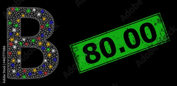 Fototapeta Flare mesh network Beta Greek symbol with colored lightspots, and grunge 80.00 seal stamp. Green stamp seal includes 80.00 tag inside framed rectangle.