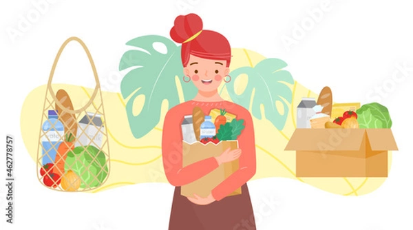 Fototapeta Girl holding paper bag with green grocer. Set of reusable bags and cardboard box of fruits, vegetables, milk, bread. Food products in reuse eco and paper package.Organic products from farm.