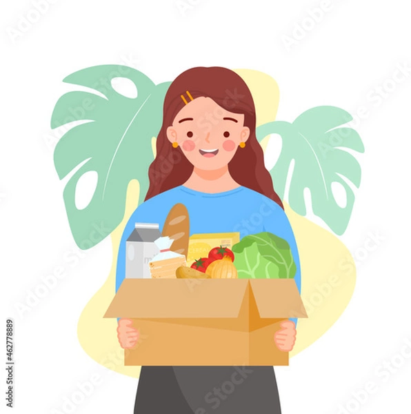 Fototapeta Girl holding cardboard box with green grocer. Reusable bags of fruits, vegetables, milk, bread. Food products in reuse eco and paper package.Organic products from farm. Flat vector illustration.