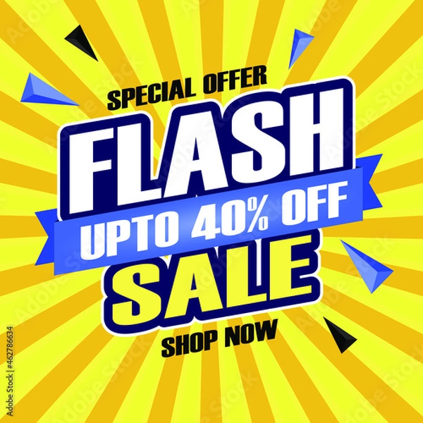 Obraz Flash sale banner design template text on yellow background, up to 40% off shop now, special offer. Vector, Illustrations