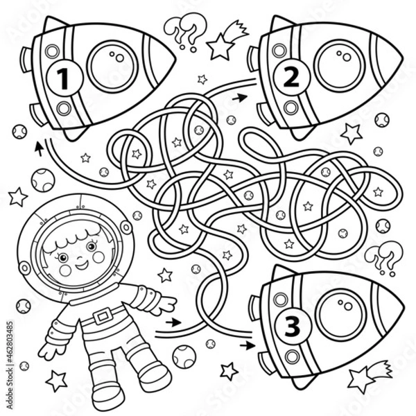 Fototapeta Maze or Labyrinth Game. Puzzle. Coloring Page Outline Of cartoon astronaut with rocket in space. Little spaceman or cosmonaut. Coloring book for kids.