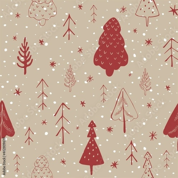 Fototapeta Seamless pattern with trees and snowflakes. Winter and christmas mood, scandinavian minimalism, hand drawn doodle style for web, print, textile, background, wrapping paper, wallpaper. 
