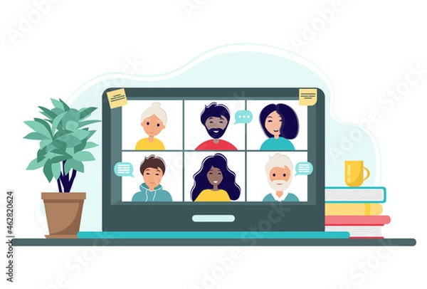 Obraz Online meeting via group call. Home office concept with laptop, plant and cup. Group of people doing video conference. Illustration in flat style. Stay at home. Self-isolation.