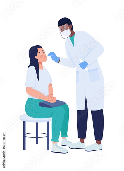 Fototapeta Doctor checking patient semi flat color vector character. Diverse figures. Full body people on white. Health test isolated modern cartoon style illustration for graphic design and animation